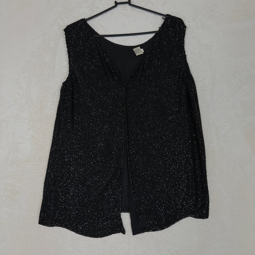 Elegant Black Beaded Silk Vest‎ Sleeveless Open Front Evening Party Glam Size L
